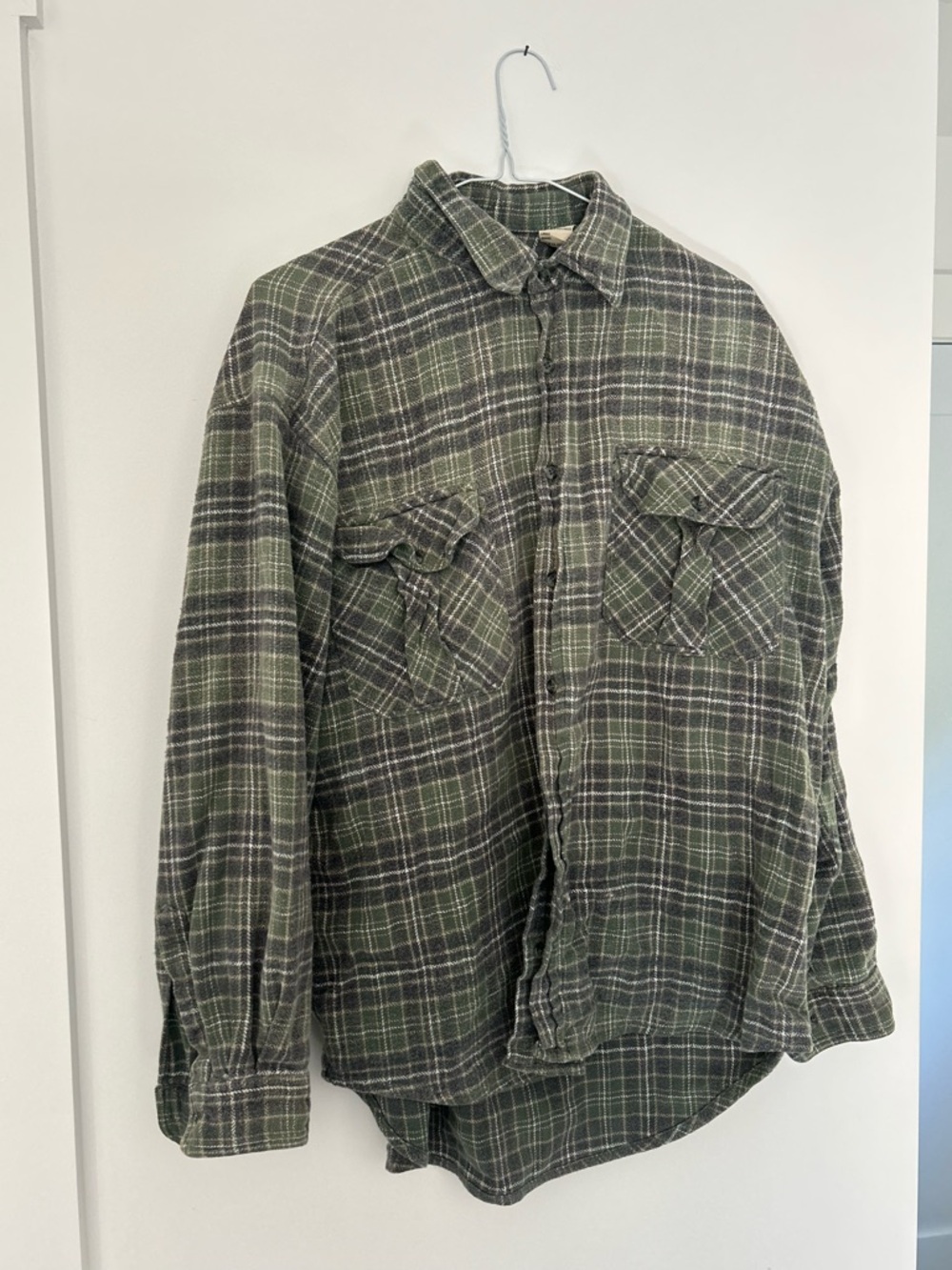 Vintage Diner Classic Green and Grey Plaid Button-Down Shirt, Distressed Flannel